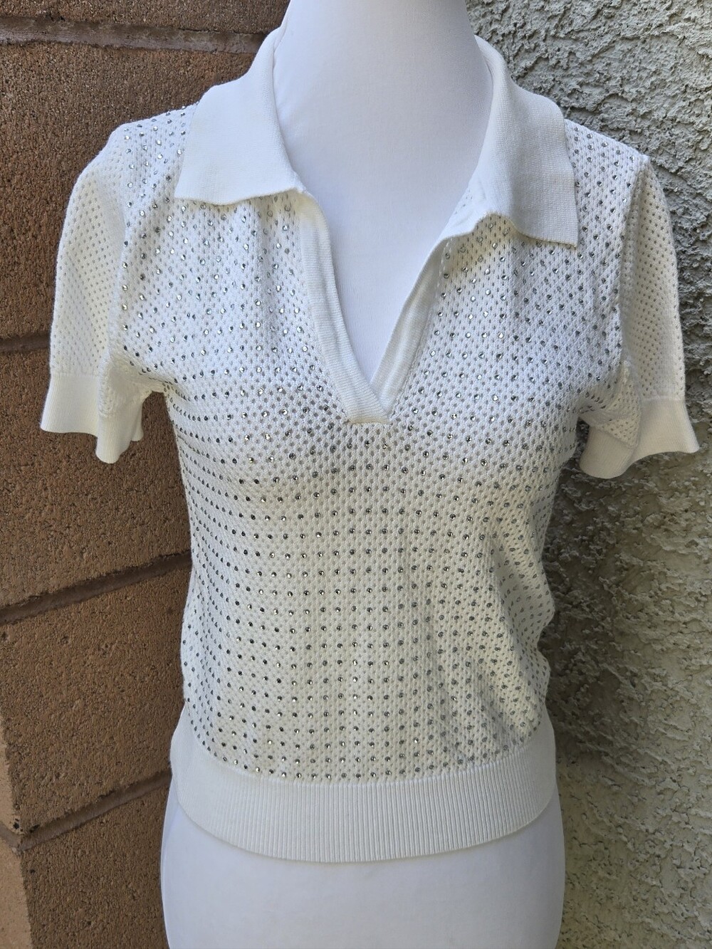 Lizette Collection Women's White Short-Sleeve Knit Polo Top with Openwork